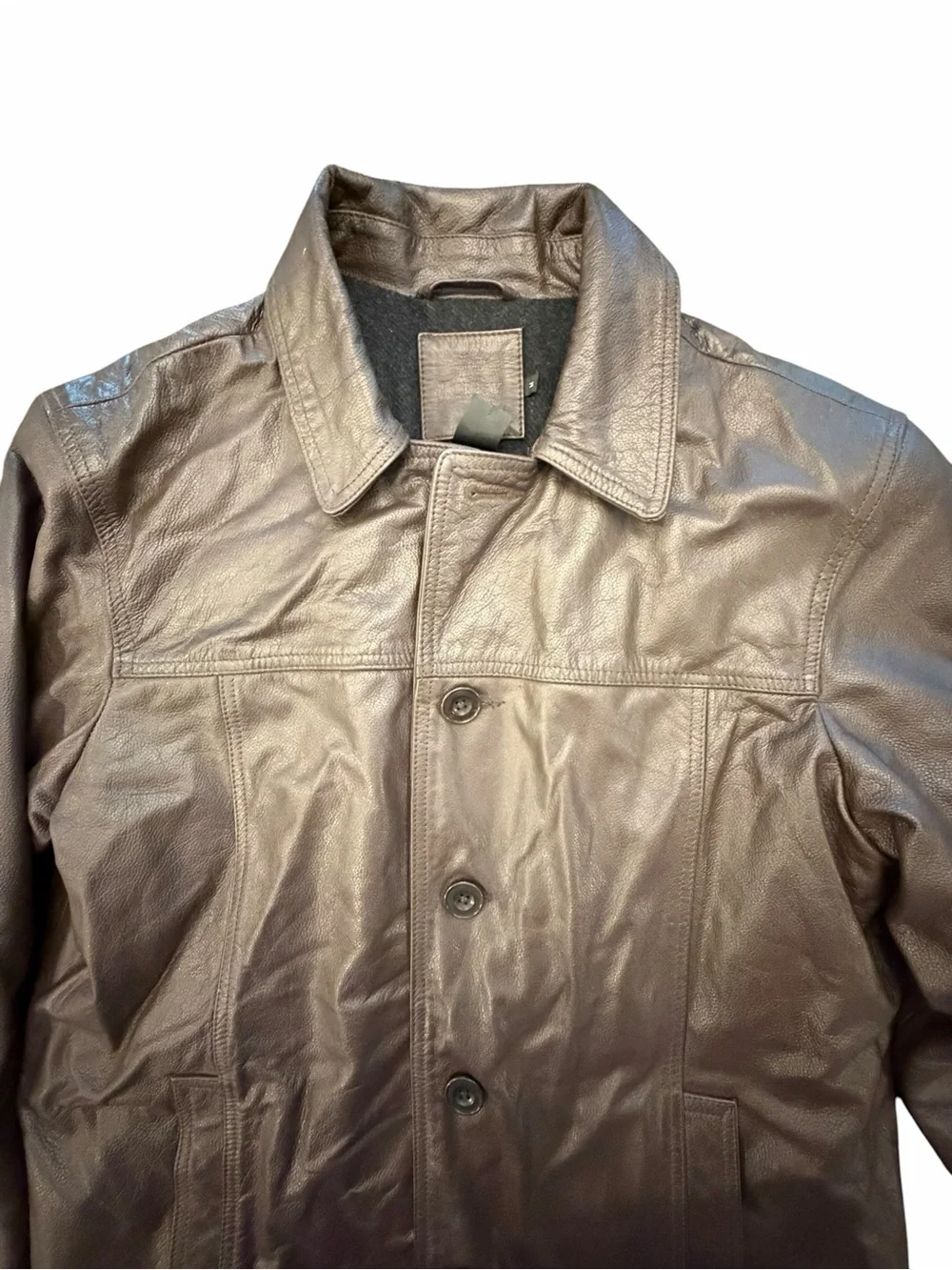 Vintage J Crew Leather Bomber Jacket Mens Medium Brown Wool Lined Button Up